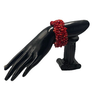 Red Coral Gemstone Chip Beaded Chunky Wide Statement Layered Stretch Bracelet